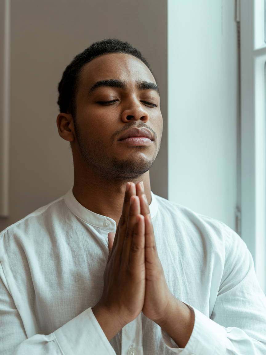 Handsome FBA man in white clothing, eyes closed in deep prayer and meditation