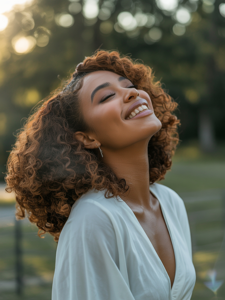 Beautiful FBA woman in white, head tilted back in joy and gratitude