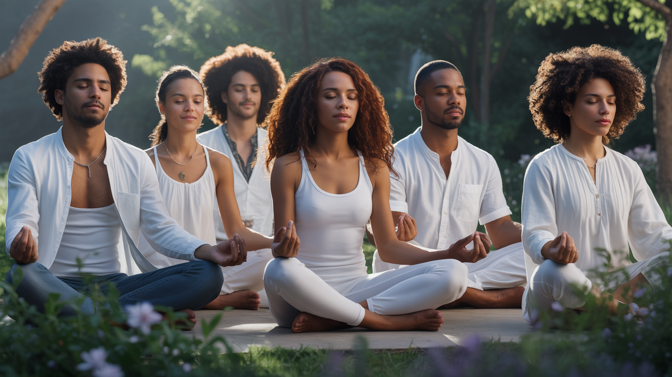 Diverse group of FBA adults meditating together in white clothing in a peaceful garden