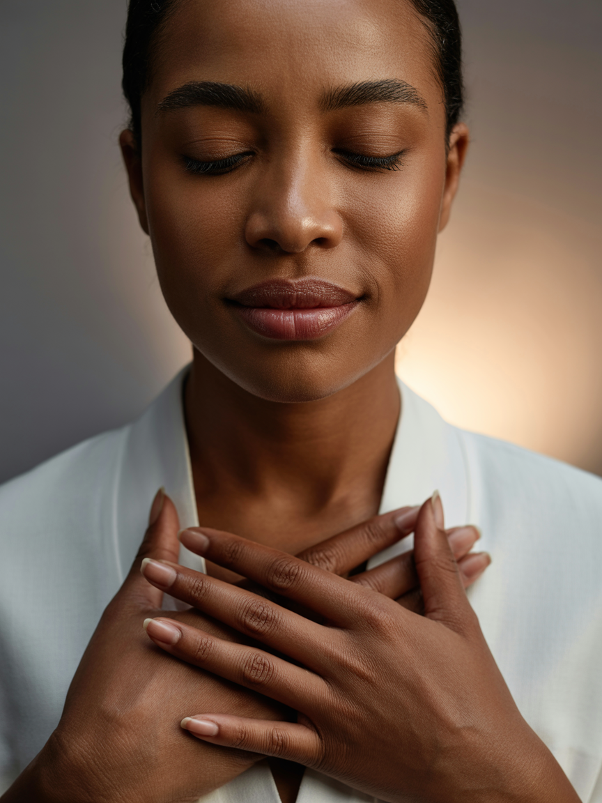 Beautiful FBA woman in white with hands over her heart in serene gratitude