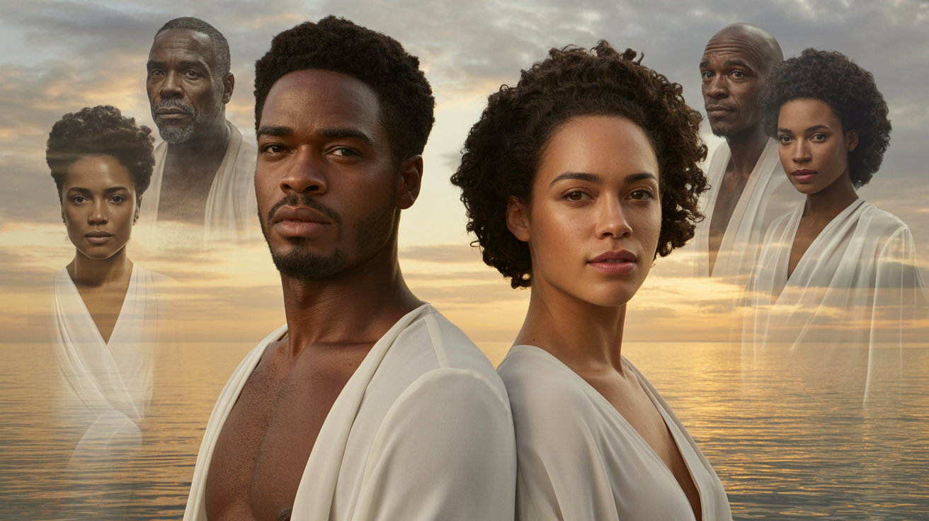 Beautiful Black American couple in white at sunset near water with Black ancestor spirits in the golden sky