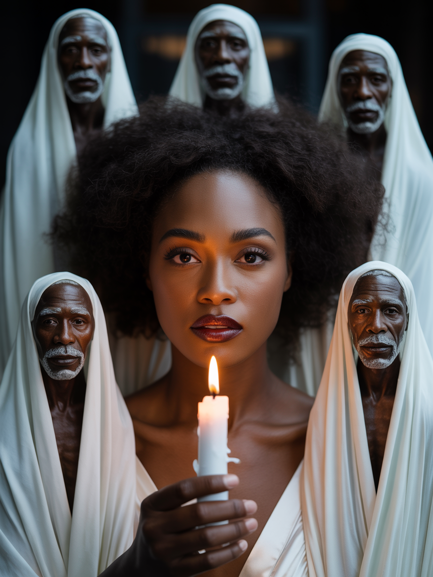 Beautiful dark-skinned FBA woman holding a candle with Black ancestor spirits in white robes protecting her