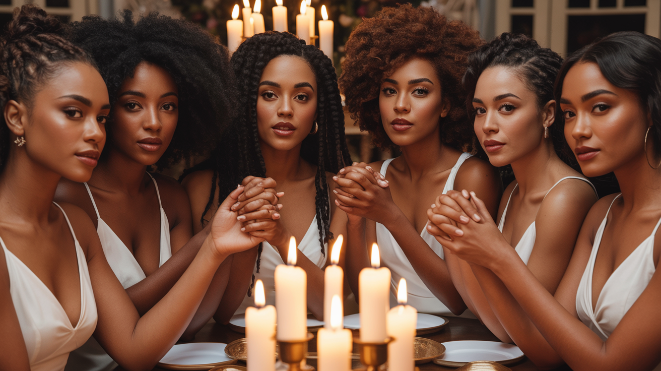 Beautiful Black American women in white dresses holding hands in prayer around a candlelit table