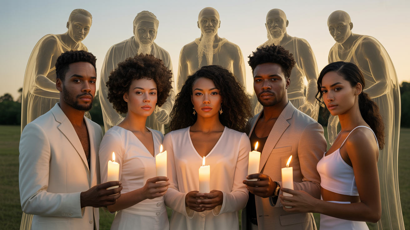 Group of attractive Black American men and women in white holding lit candles with Black ancestor spirits in white robes