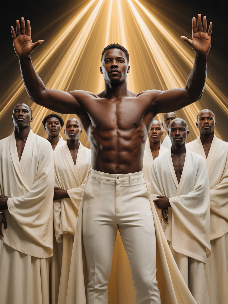 Powerful dark-skinned FBA man in all white with Black ancestor spirits in white robes and divine golden light