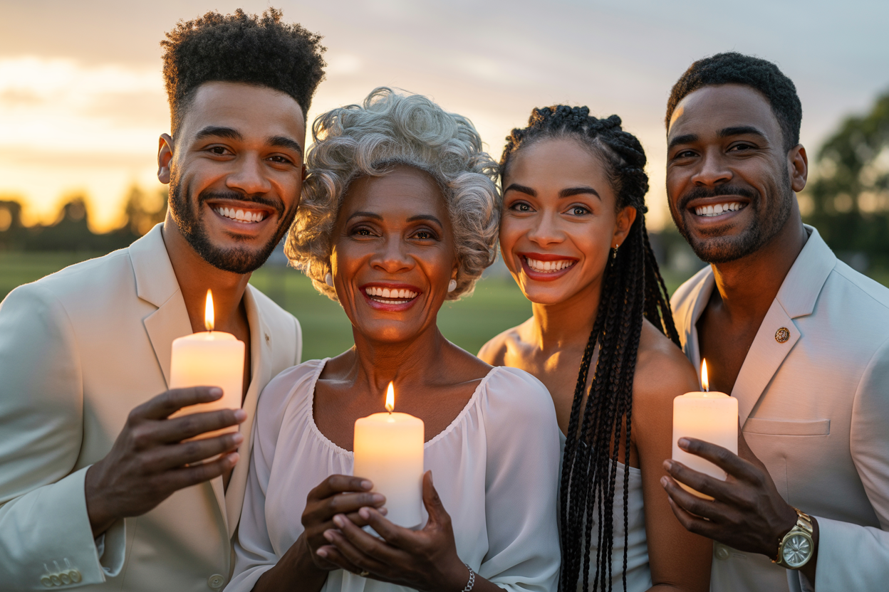 Beautiful elder Black grandmother with silver-white curly hair and joyful smile, surrounded by handsome Black man and gorgeous Black woman, all wearing white and holding lit white candles at golden hour sunset