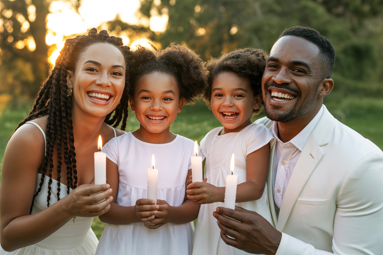 Joyful Black American family with mother in braids, father in white suit, and two adorable little girls with natural hair puffs, all wearing white and holding lit white candles, laughing together at golden hour